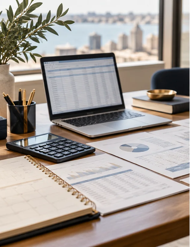 Illustrative financial forecasting workspace with laptop, calculator and reports