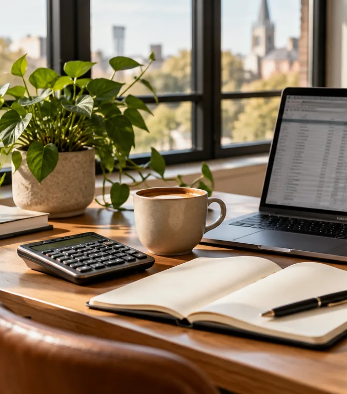 Illustrative tax preparation desk with calculator