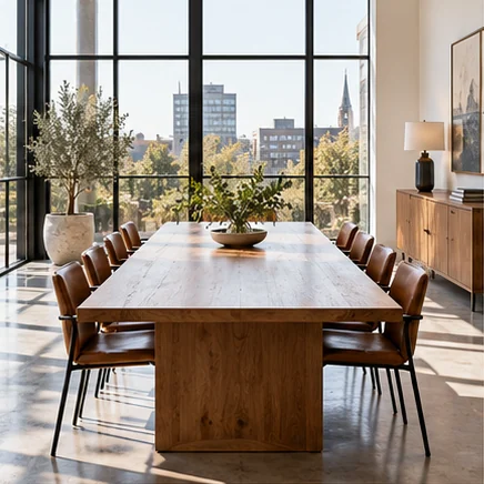 Illustrative sunlit meeting room with timber conference table