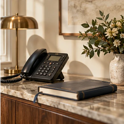 Illustrative telephone and notebook for contacting the practice